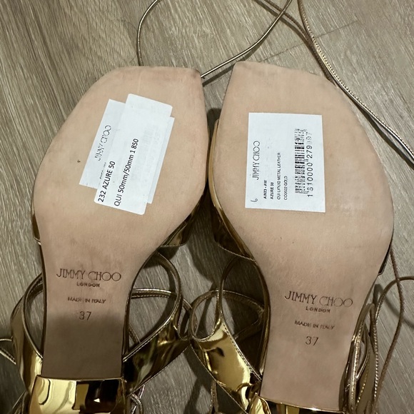 JIMMY CHOO LONDON NWOB NEW AZURE SANDALS 50MM KITTEN HEELS 37 US7 OUI GOLD $825 - Picture 5 of 5